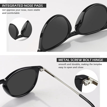 Polarisierte Retro Sonnenbrille Damen Vintage Rund UV400 Schutz Glänzend Schwarz Grau