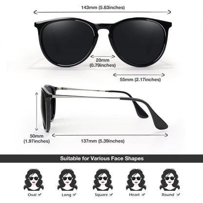 Polarisierte Retro Sonnenbrille Damen Vintage Rund UV400 Schutz Glänzend Schwarz Grau