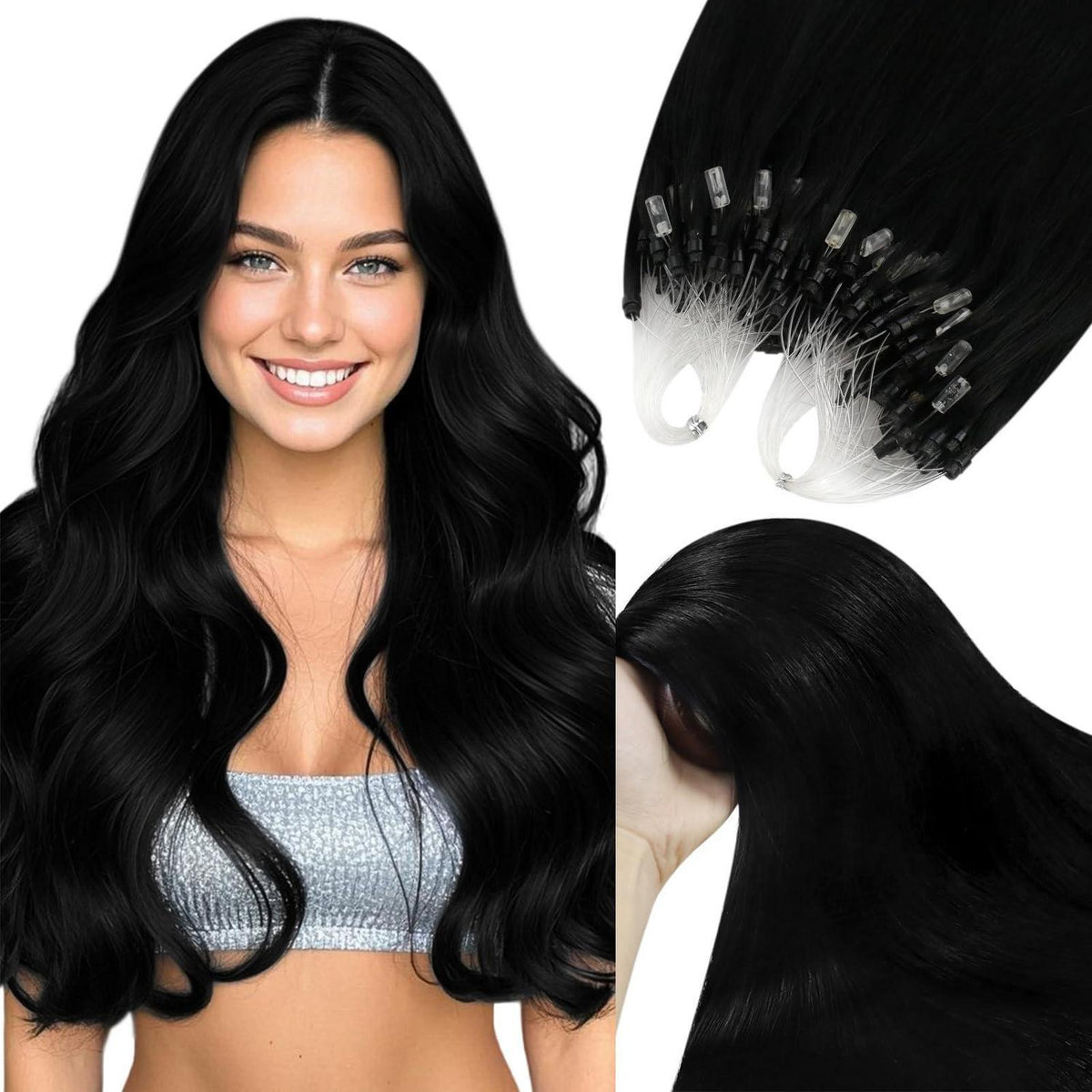 Schwarz 50cm Echthaar Micro Ring Extensions - Haarverlängerung