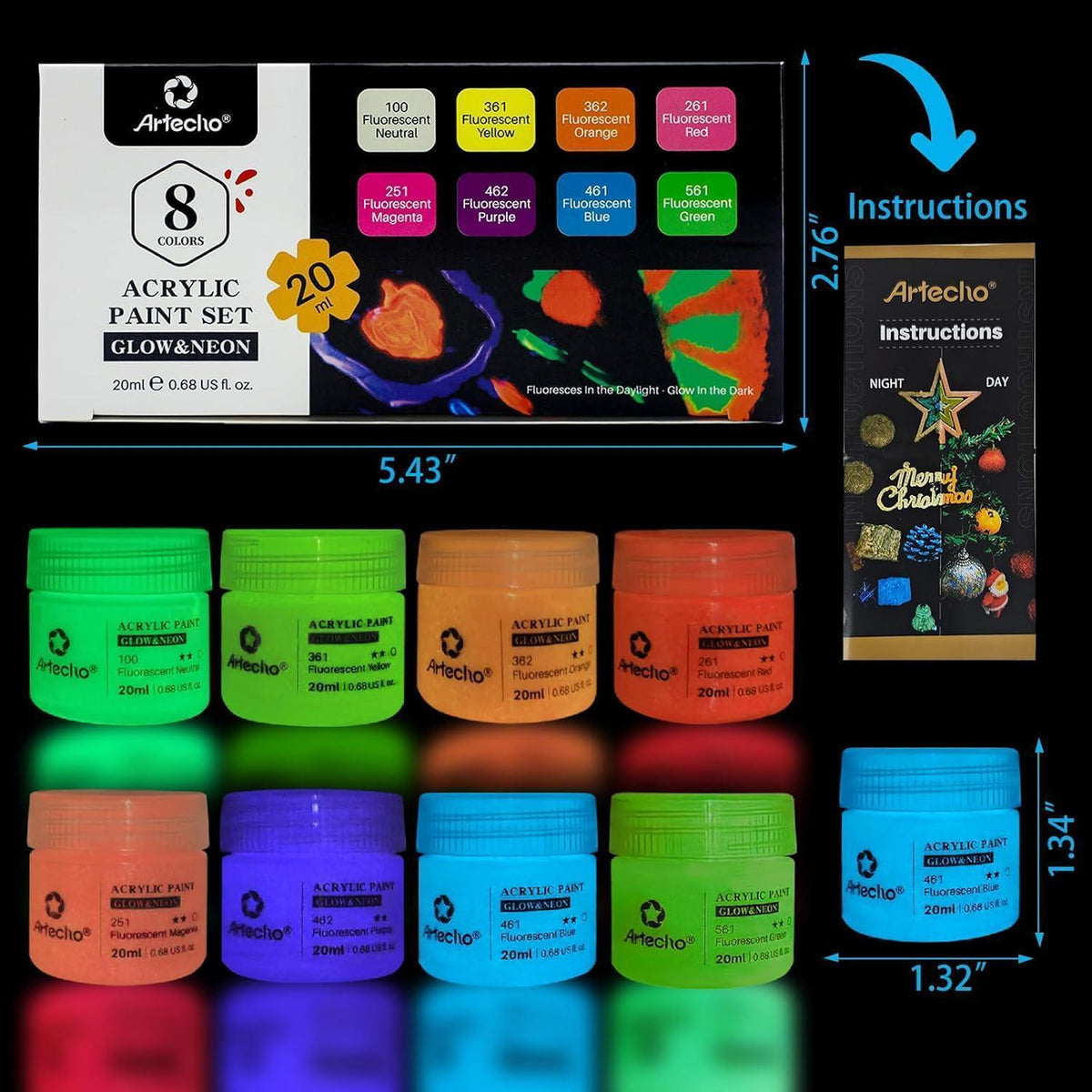 Acrylfarben-Set 8 Farben Neon & Leuchtend, 20ml Flaschen