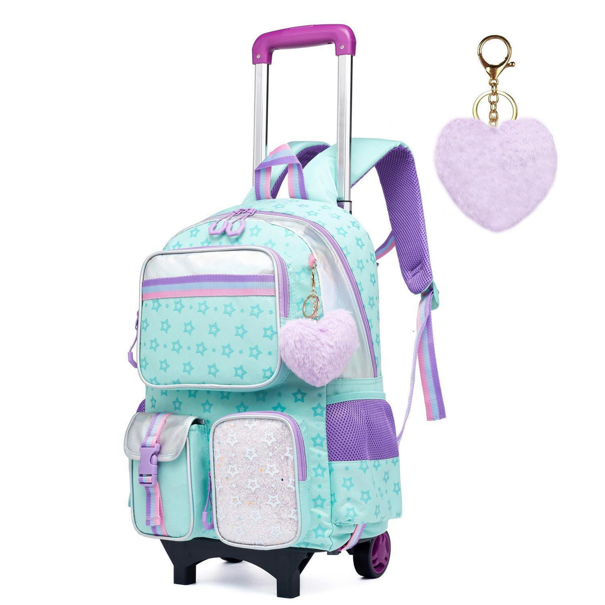 Kinder Trolley Rucksack mit Rädern – Schulranzen Mädchen Grün Pentagramm