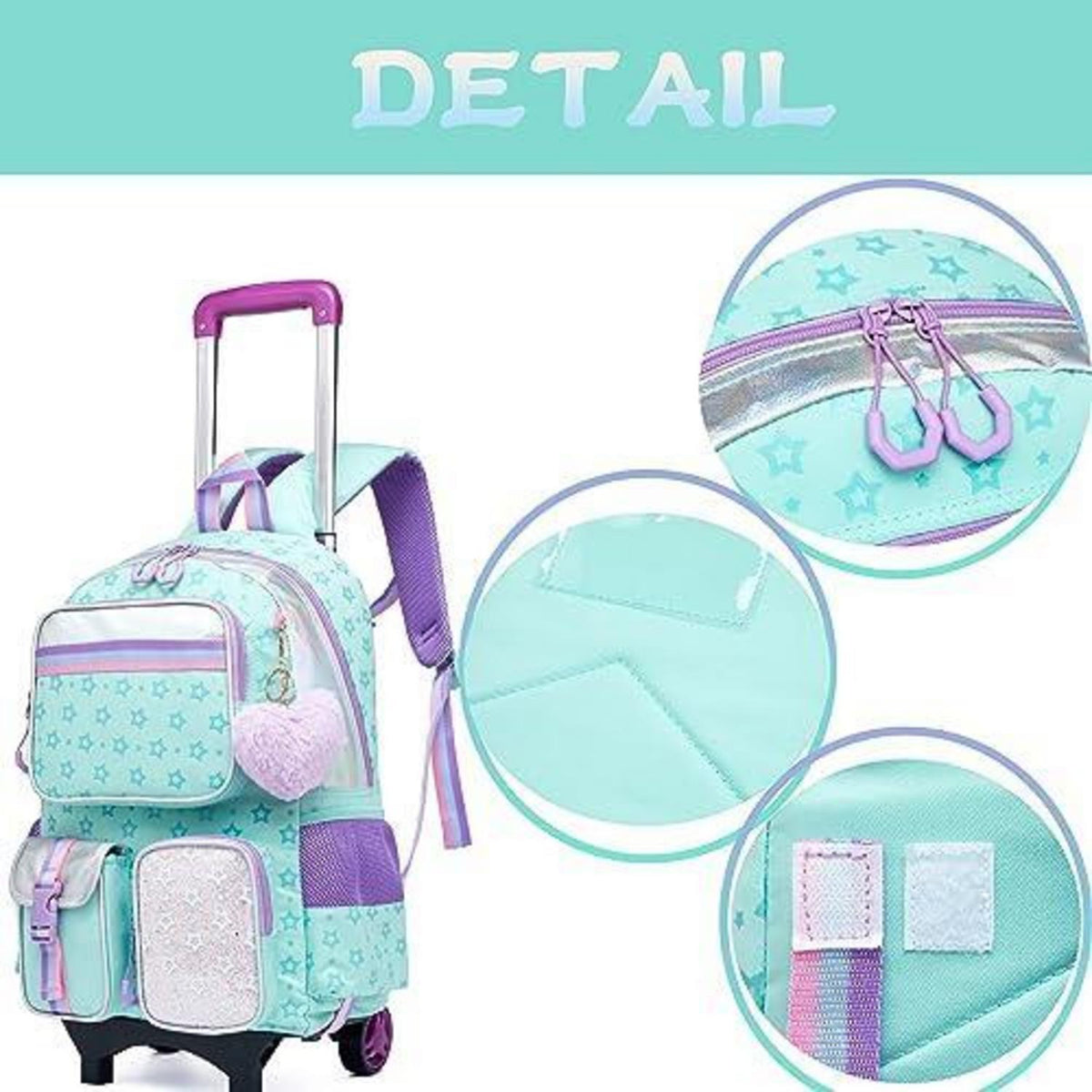 Kinder Trolley Rucksack mit Rädern – Schulranzen Mädchen Grün Pentagramm