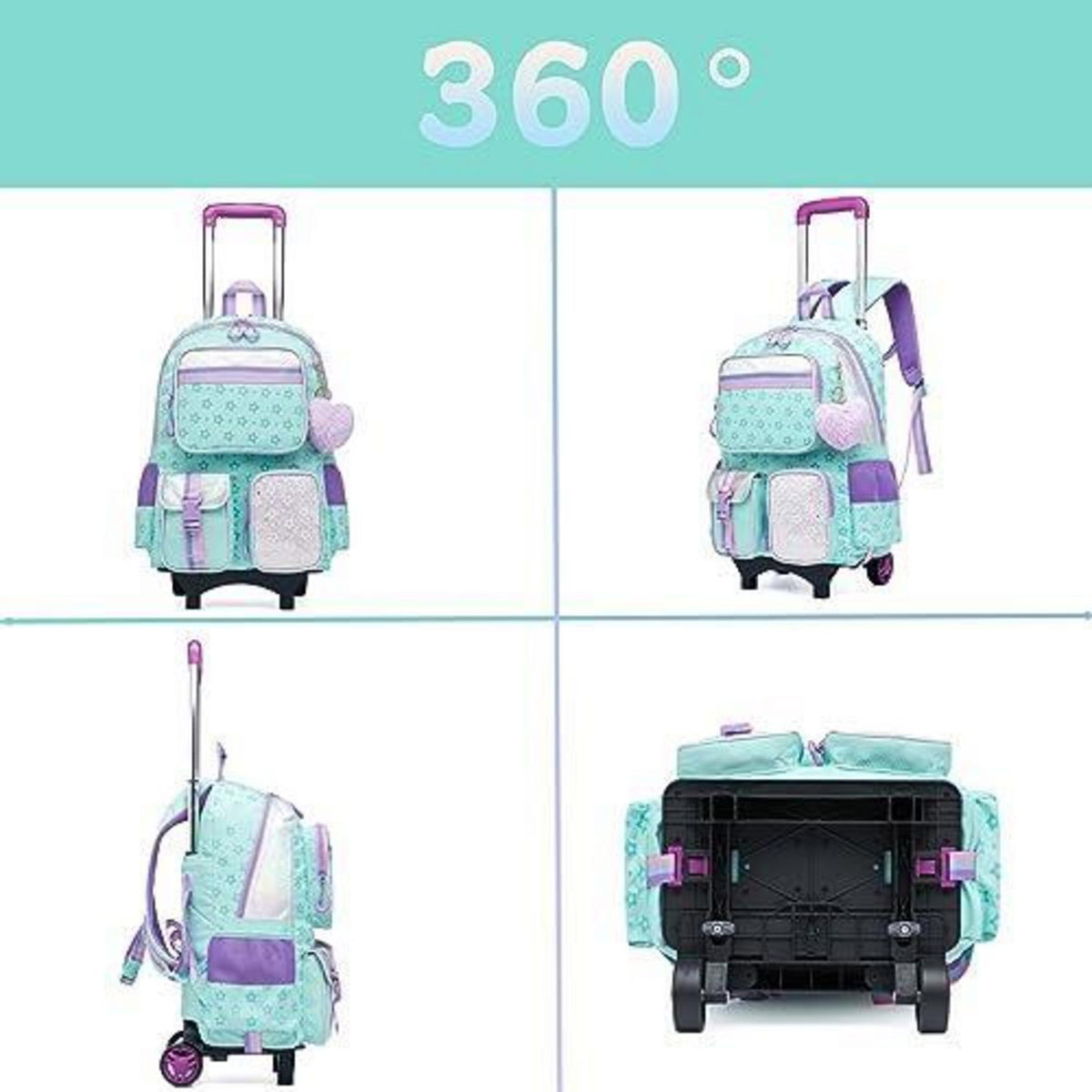 Kinder Trolley Rucksack mit Rädern – Schulranzen Mädchen Grün Pentagramm