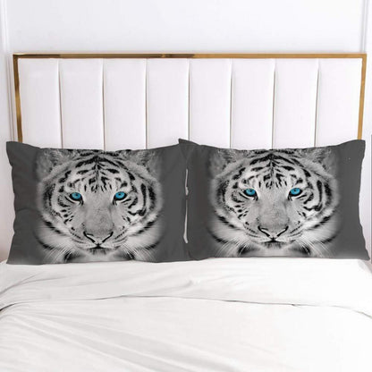 Tiger Bettwäsche 135x200 - 4teilig, Weiß Grau, 3D Tiermotiv
