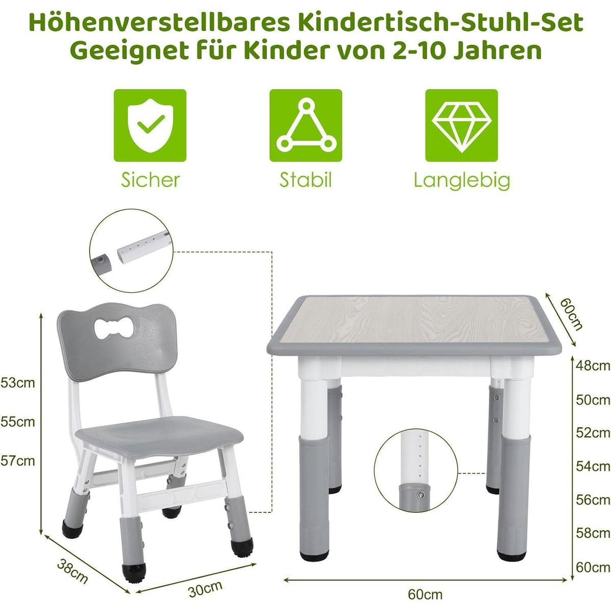 Höhenverstellbares Kindertisch-Stuhl-Set Grau Quadratisch