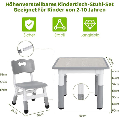Höhenverstellbares Kindertisch-Stuhl-Set Grau Quadratisch