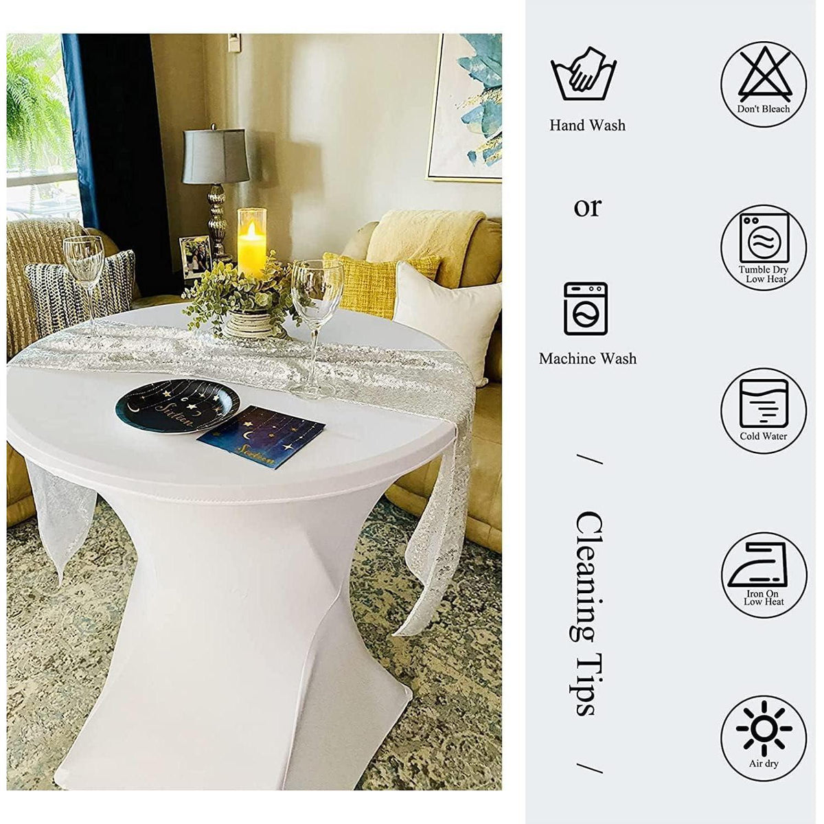 8er Set Stehtischhusse Weiß für Ø 80-85 cm, Stretch-Tischdecke mit Fußtaschen