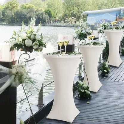 8er Set Stehtischhusse Weiß für Ø 80-85 cm, Stretch-Tischdecke mit Fußtaschen