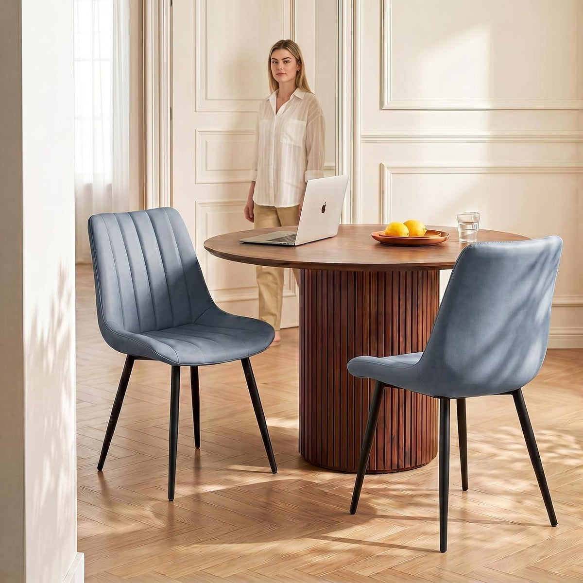 Esszimmerstühle Kunstleder 4er Set Blau mit Metallbeinen