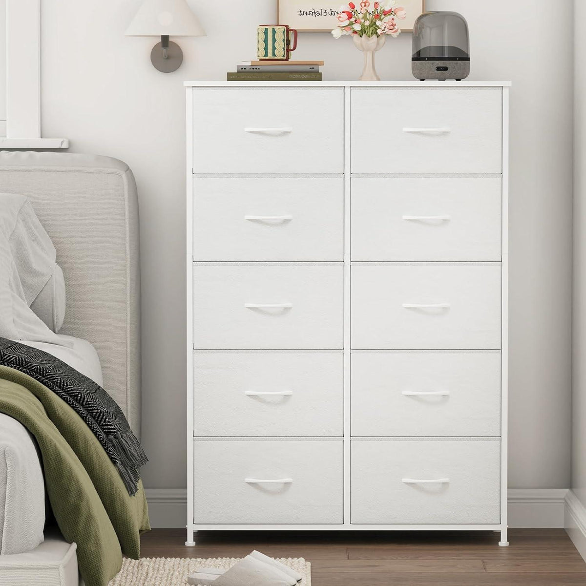 Kommode mit 10 Stoffschubladen, Weiß – Schlafzimmer Organizer