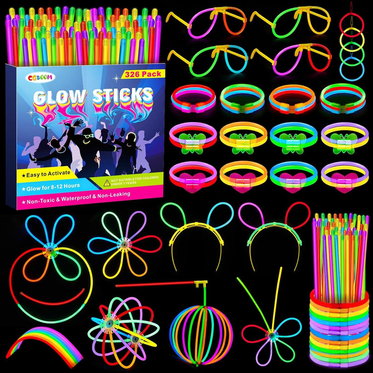 326 Knicklichter Party Set mit 150 Neon Leuchtstäben und 176 Verbinder
