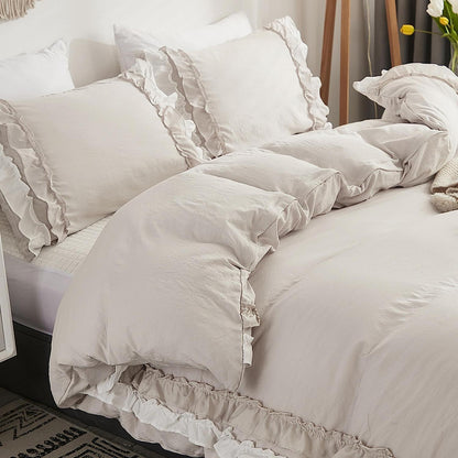 Bettwäsche-Set 200x220 cm, Rüschenoptik, Beige, 3-teilig