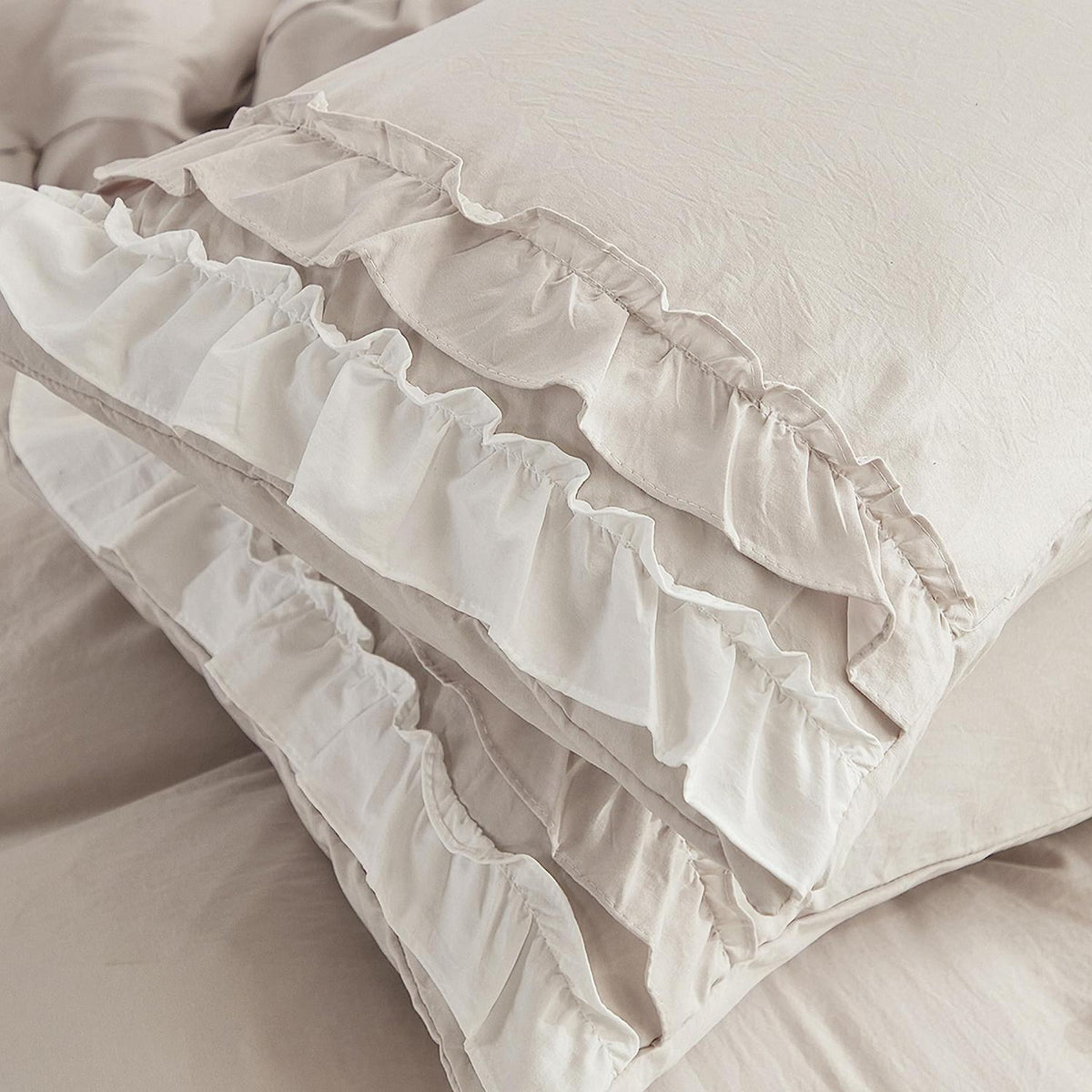 Bettwäsche-Set 200x220 cm, Rüschenoptik, Beige, 3-teilig