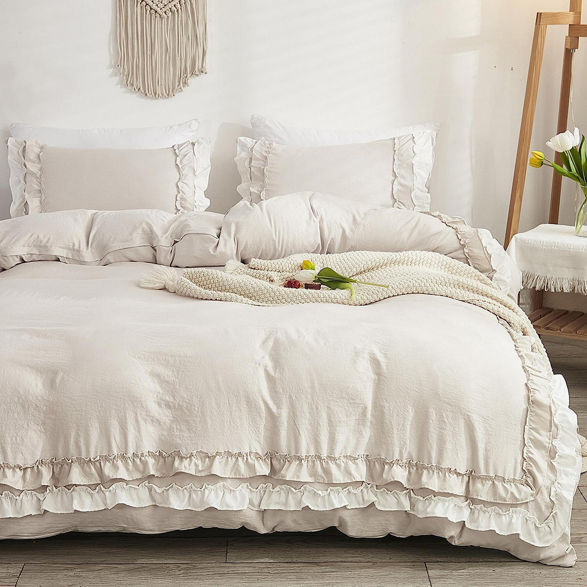 Rüschen Bettwäsche Set Beige 200x200 + 2x 80x80cm