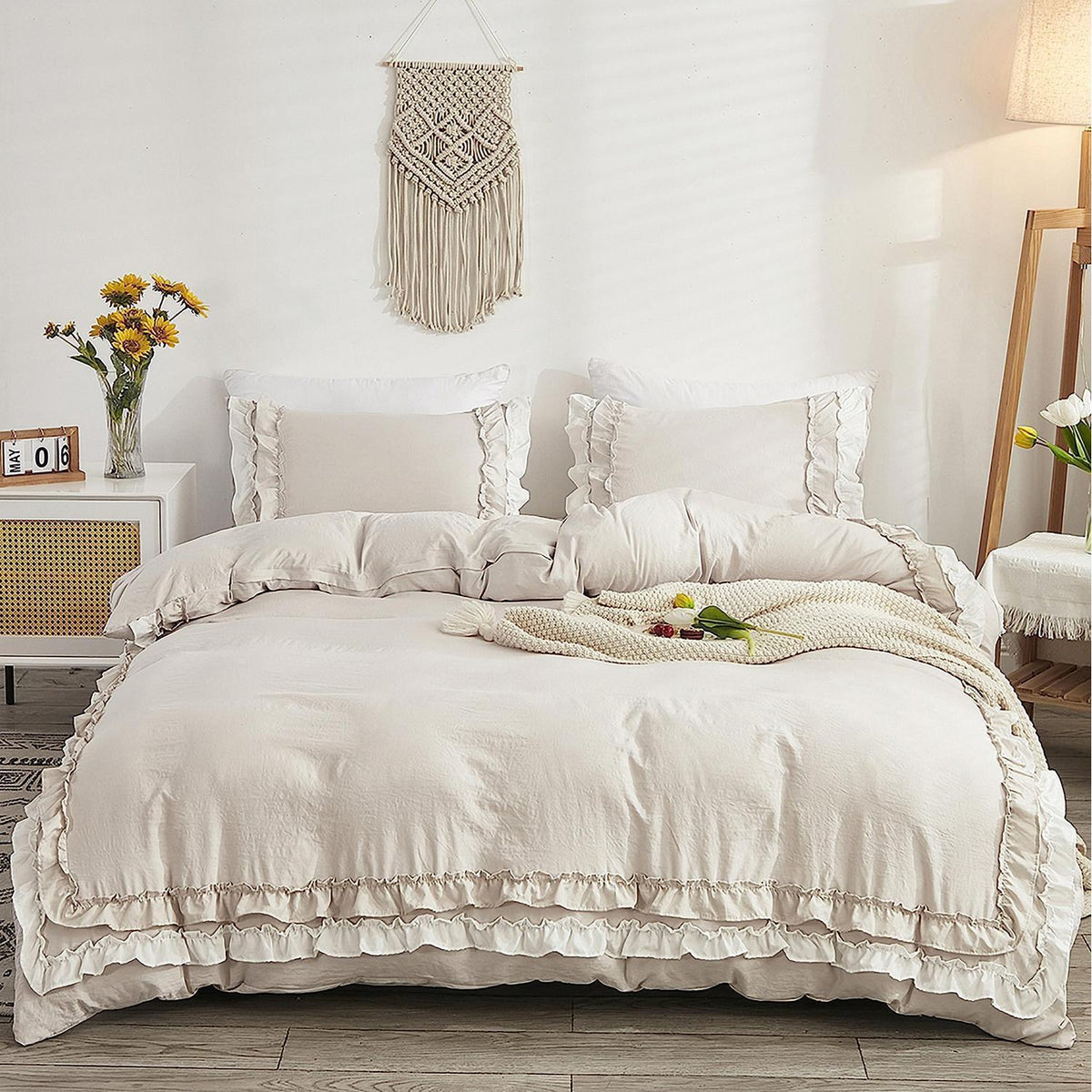 Luxus Rüschen Bettwäsche 220x240 - 3tlg. Weiß Beige Mikrofaser