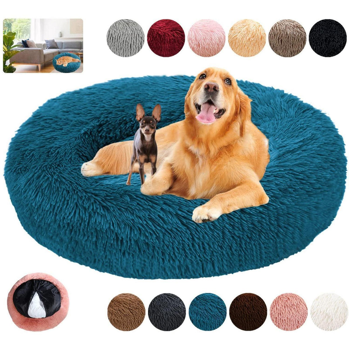 Rundes Hundebett Flauschig Donut – Bequemes Hundesofa 90cm/Cyan