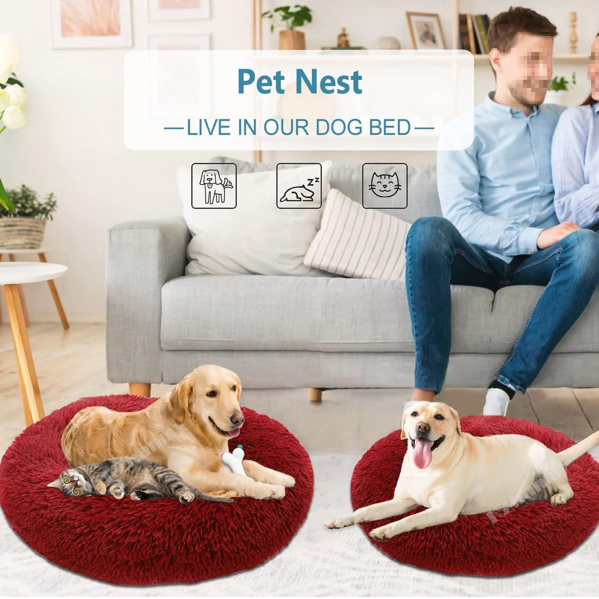 Rundes Hundebett Flauschig Donut – Bequemes Hundesofa in Weinrot 2XL