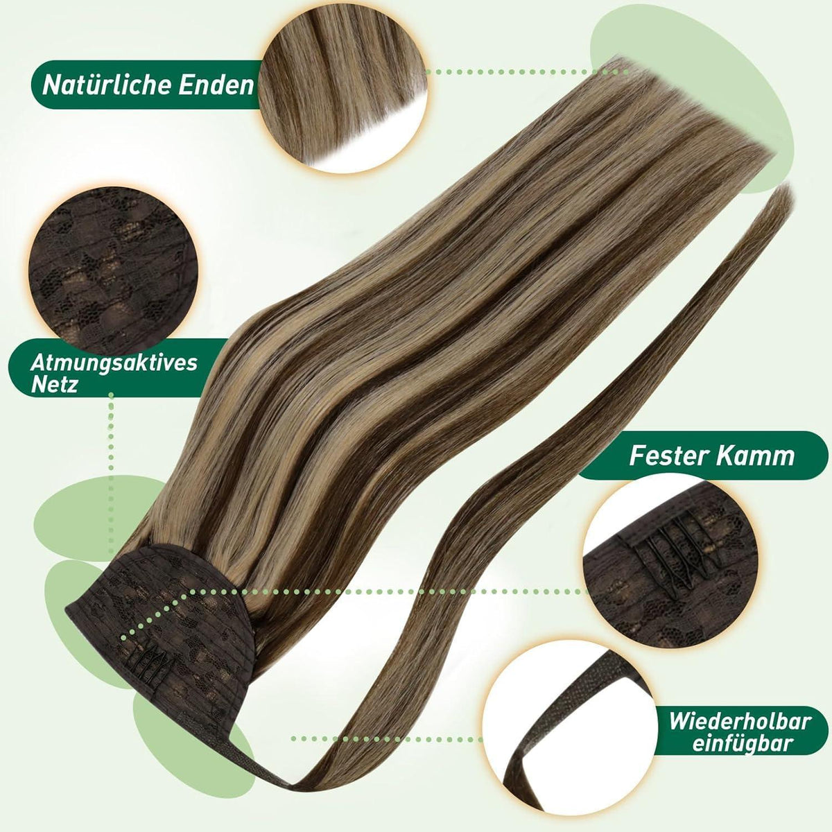 Echthaar Zopf Extension Dunkelbraun mit Blond Highlights 40cm