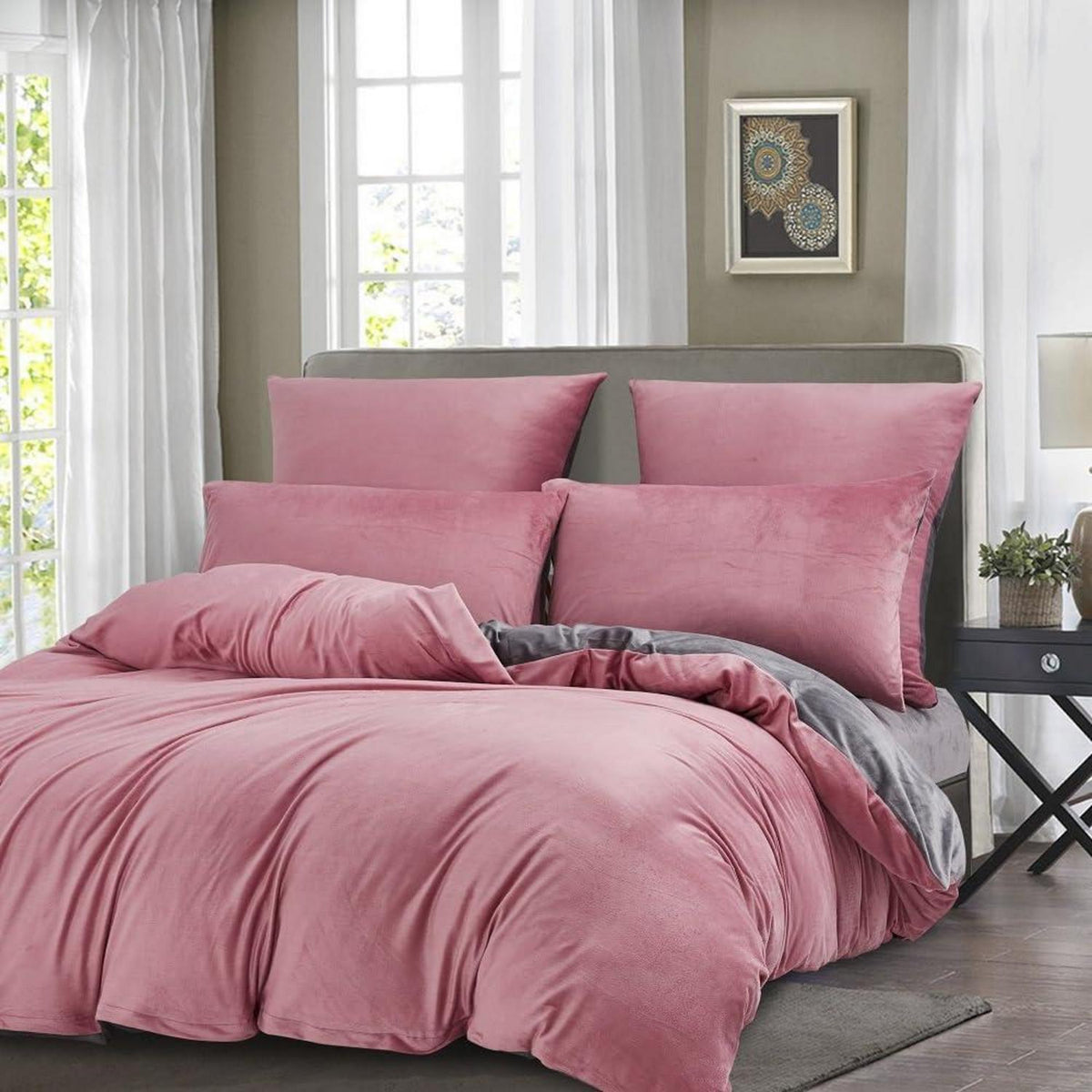Winter Bettwäsche Fleece 220x240 Rosa Grau Kuschelig