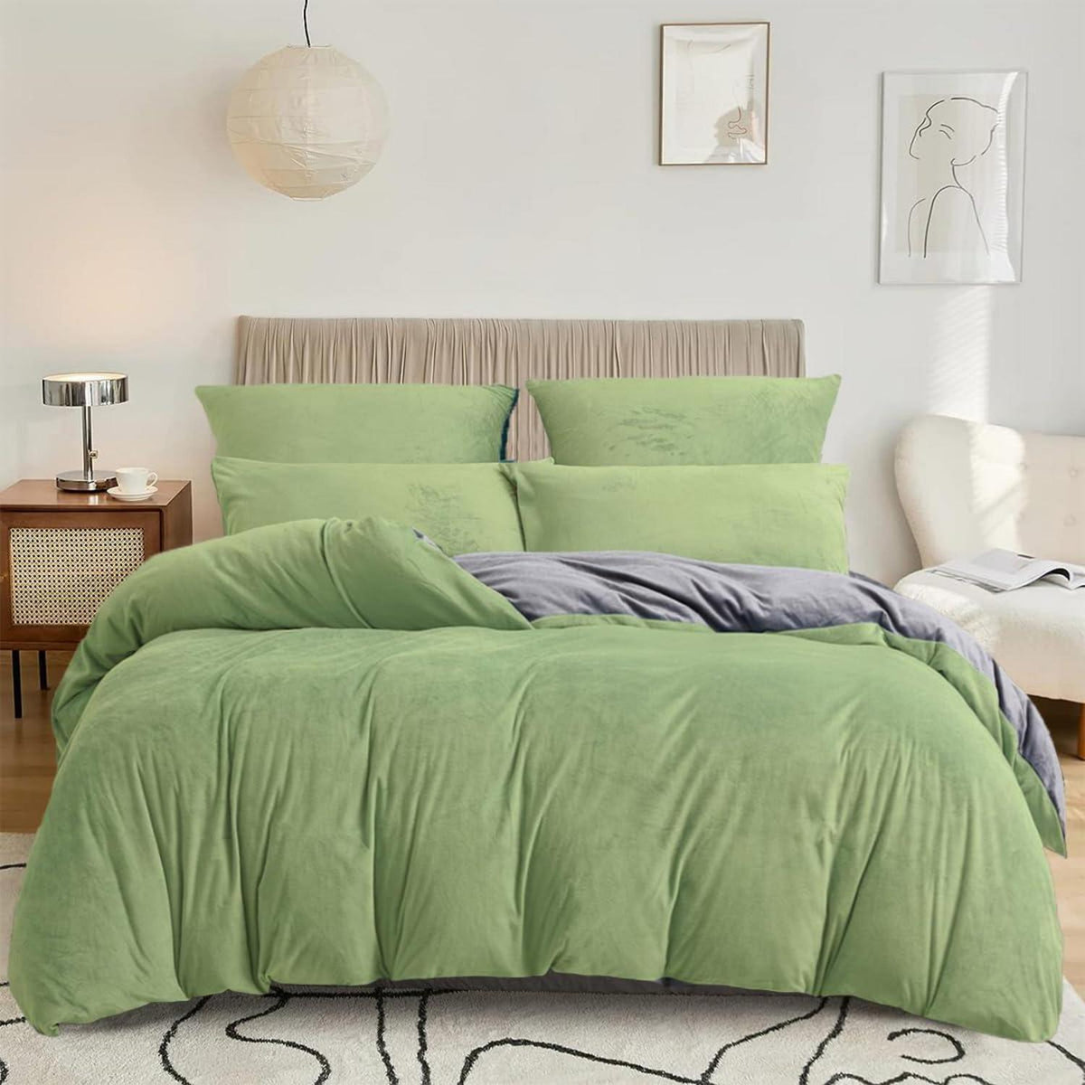 Flanell Bettwäsche Set 220x240cm Grün Salbeigrün Grau