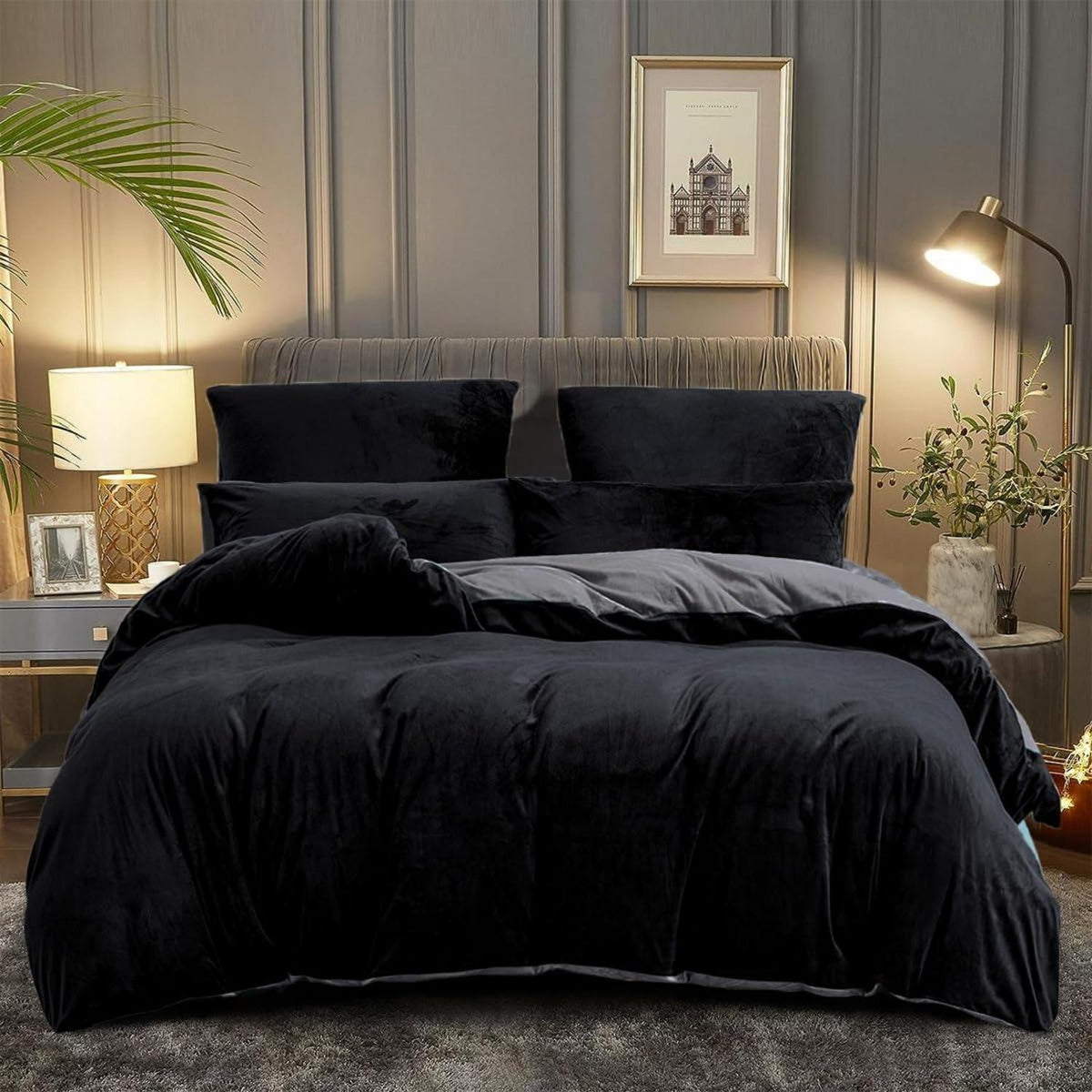 Flauschige Bettwäsche Set 135x200 Schwarz Grau Winter Plüsch