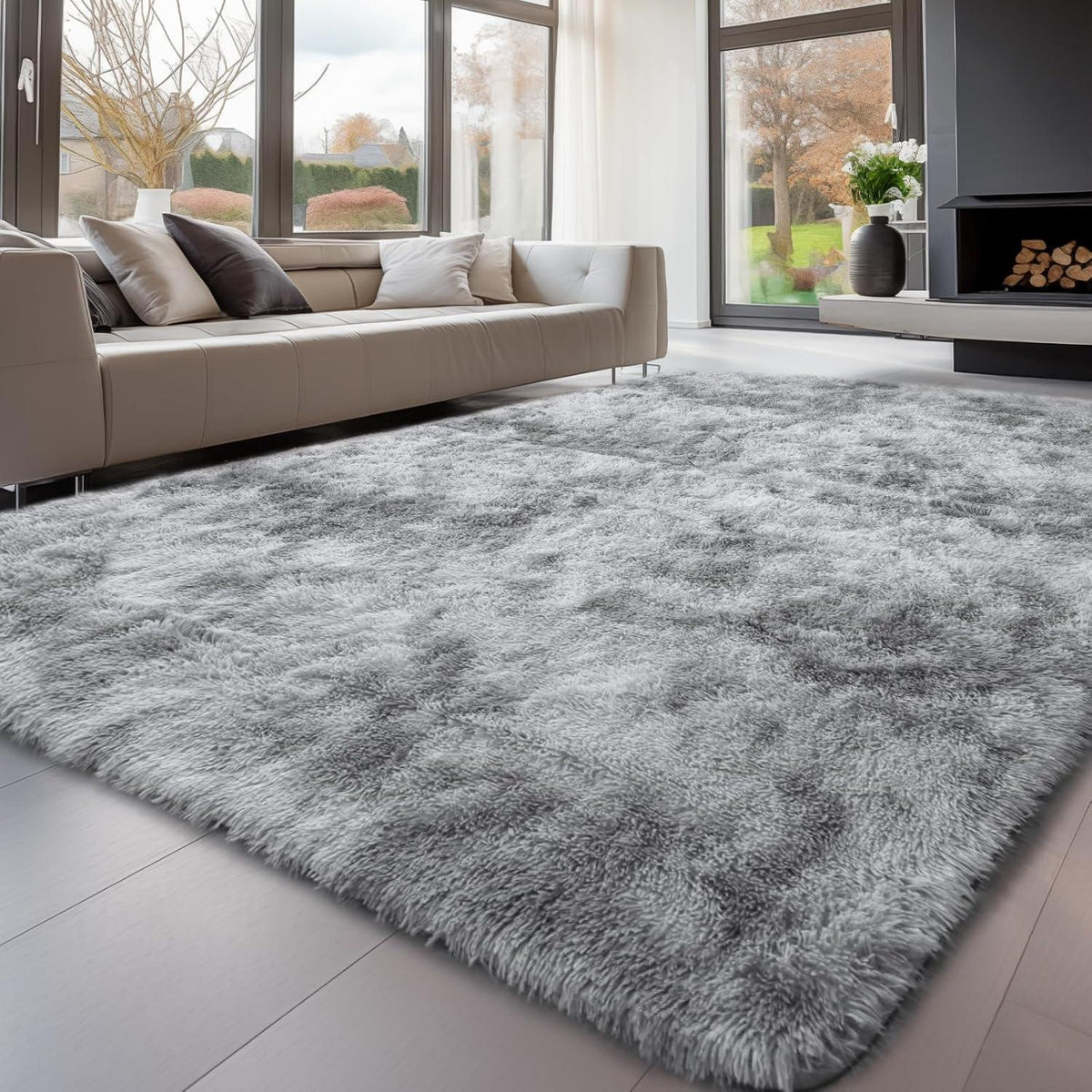 Grauer Hochflor Teppich 120x160 – Waschbar & Rutschfest