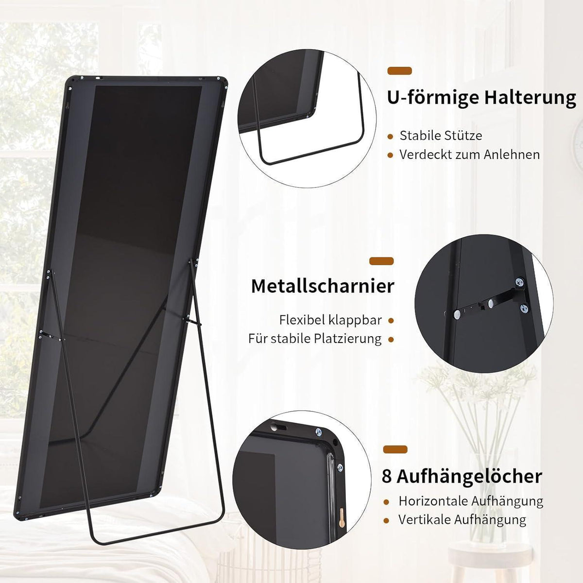 Standspiegel 150cm Schwarz – Ganzkörper Spiegel mit Ständer