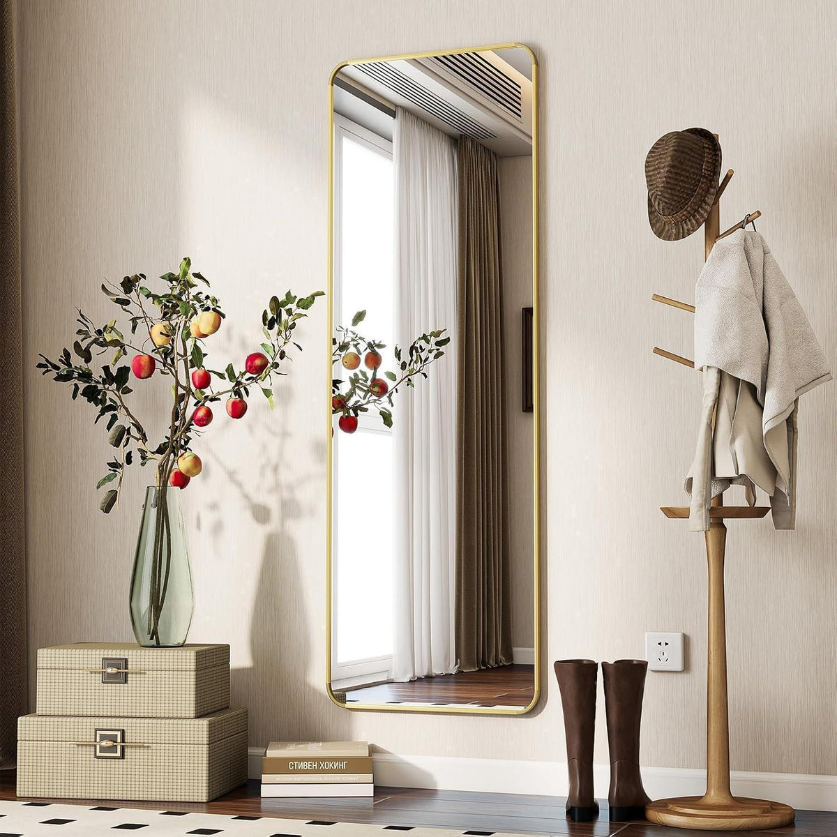 Standspiegel Ganzkörper Gold 150x40 cm – Abgerundete Ecken