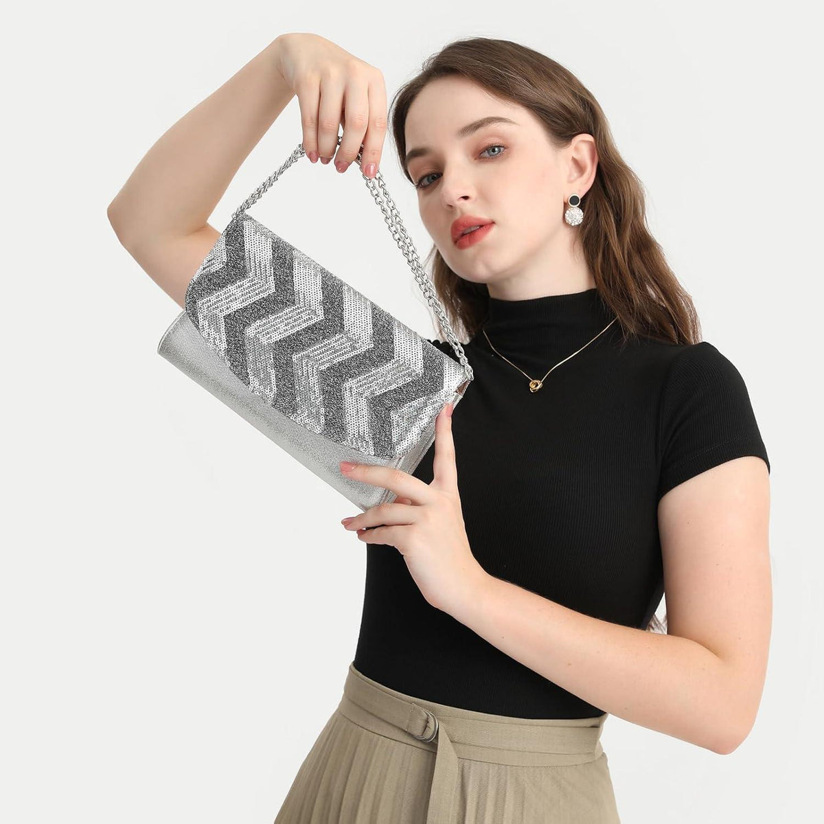 Damen Clutch Kettentasche Pailletten Umhängetasche Schwarz Gold Silber