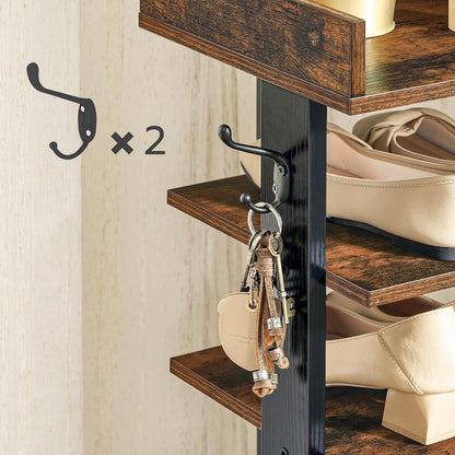 7-stöckiges schmales Schuhregal mit Haken, dunkelbraun-schwarz