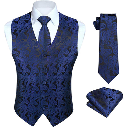 Herren Weste Krawatte Einstecktuch Set Jacquard Marineblau