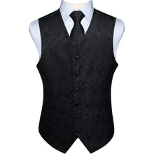 Herren Weste Krawatte Einstecktuch Set Jacquard Blumenmuster Schwarz XL