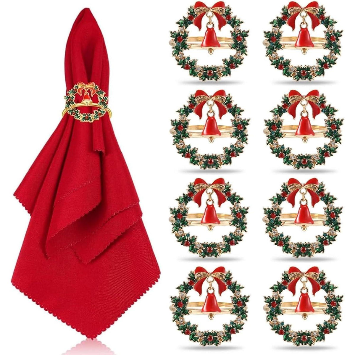 8x Weihnachtliche Serviettenringe Gold mit Weihnachtskranz