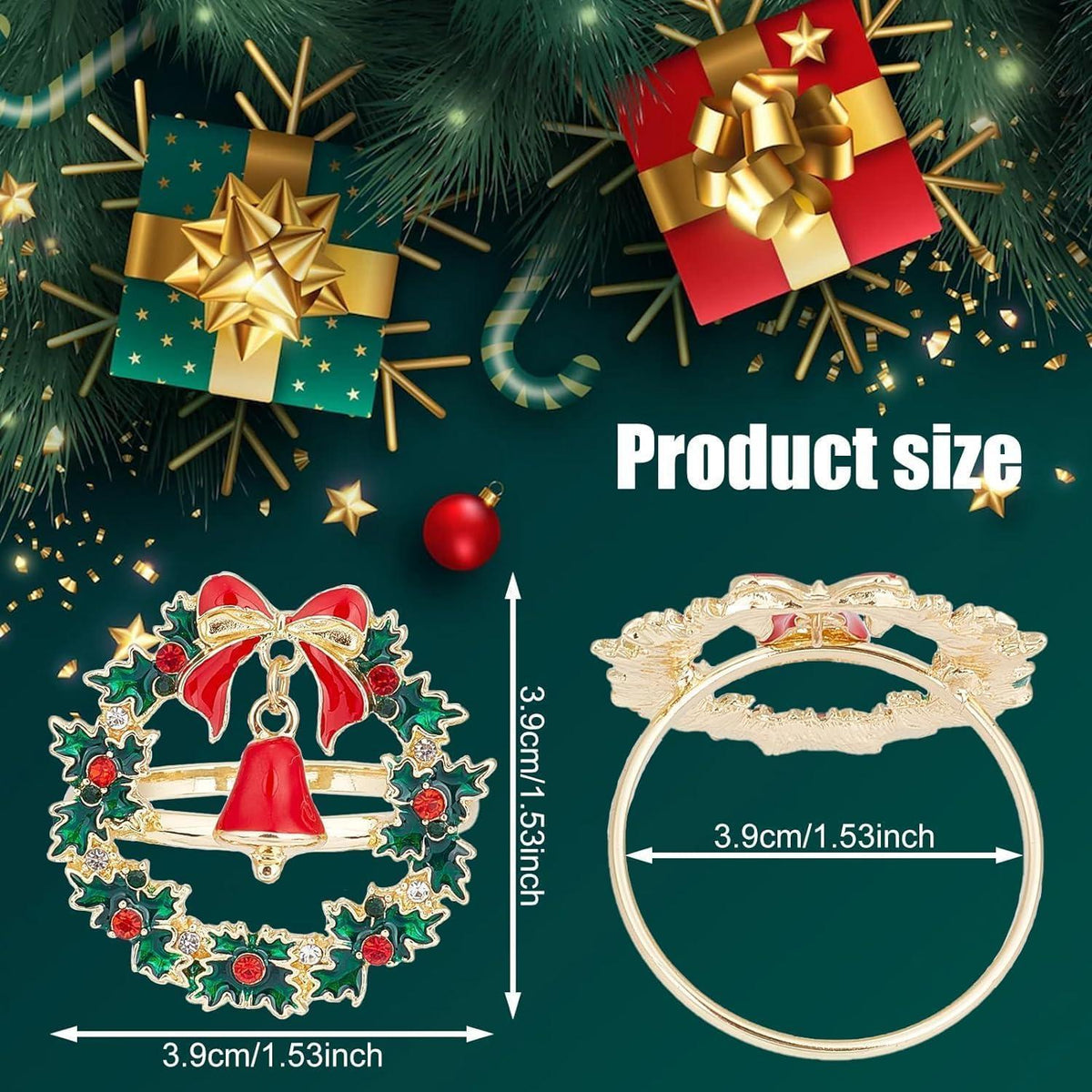 8x Weihnachtliche Serviettenringe Gold mit Weihnachtskranz