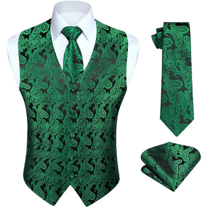Herren Weste Krawatte Einstecktuch Set Jacquard Grün XL