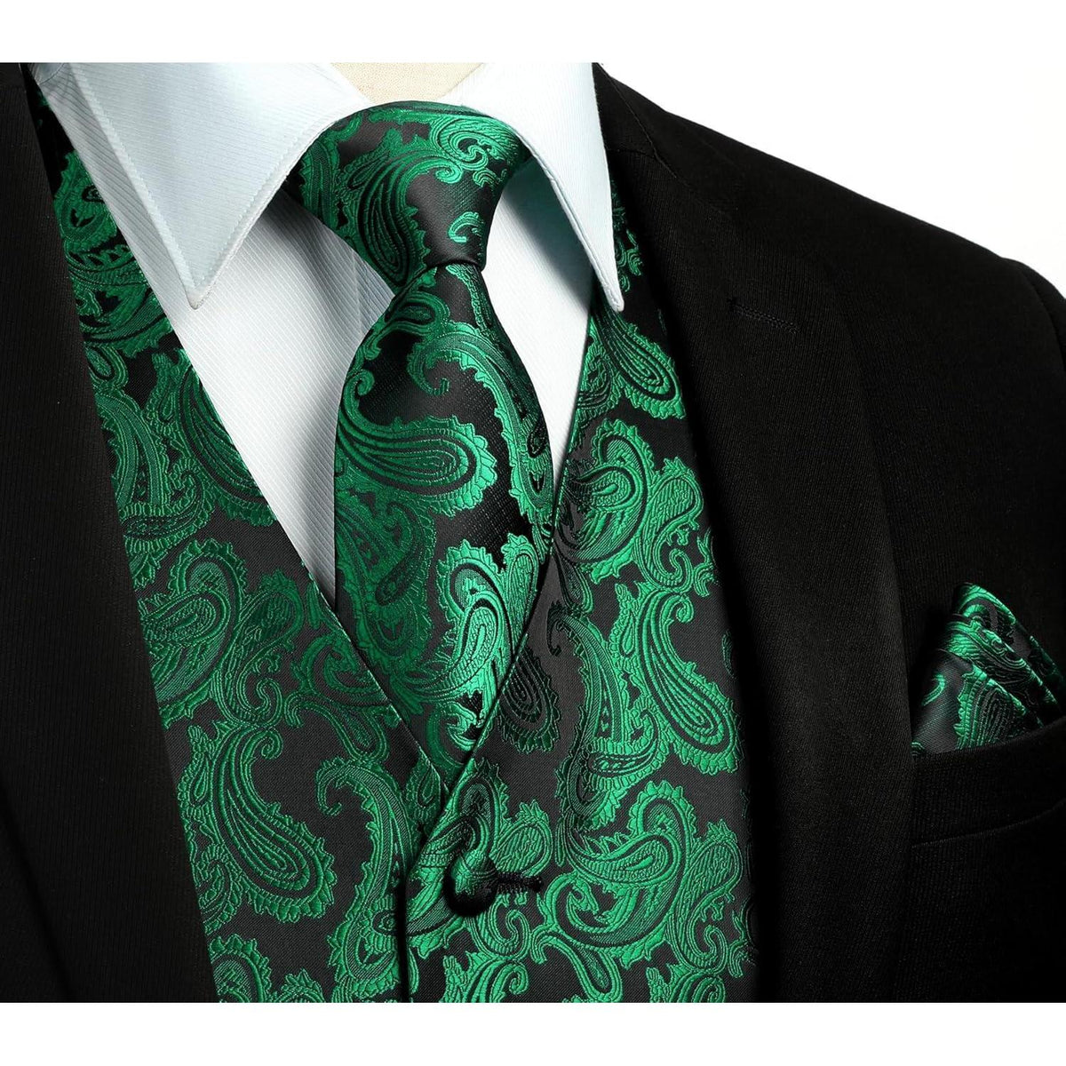Herren Weste Krawatte Einstecktuch Set Jacquard Grün
