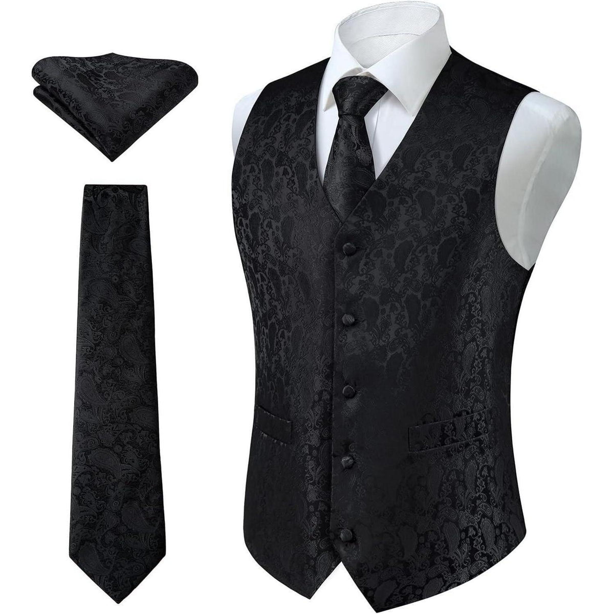 Herren Weste Krawatte Einstecktuch Set Jacquard 3XL Schwarz