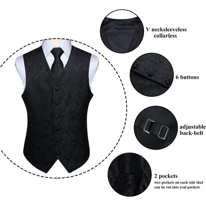 Herren Weste Krawatte Einstecktuch Set Jacquard 3XL Schwarz