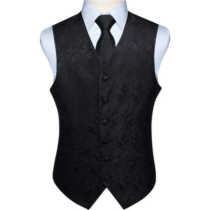Herren Weste Krawatte Einstecktuch Set Jacquard 3XL Schwarz