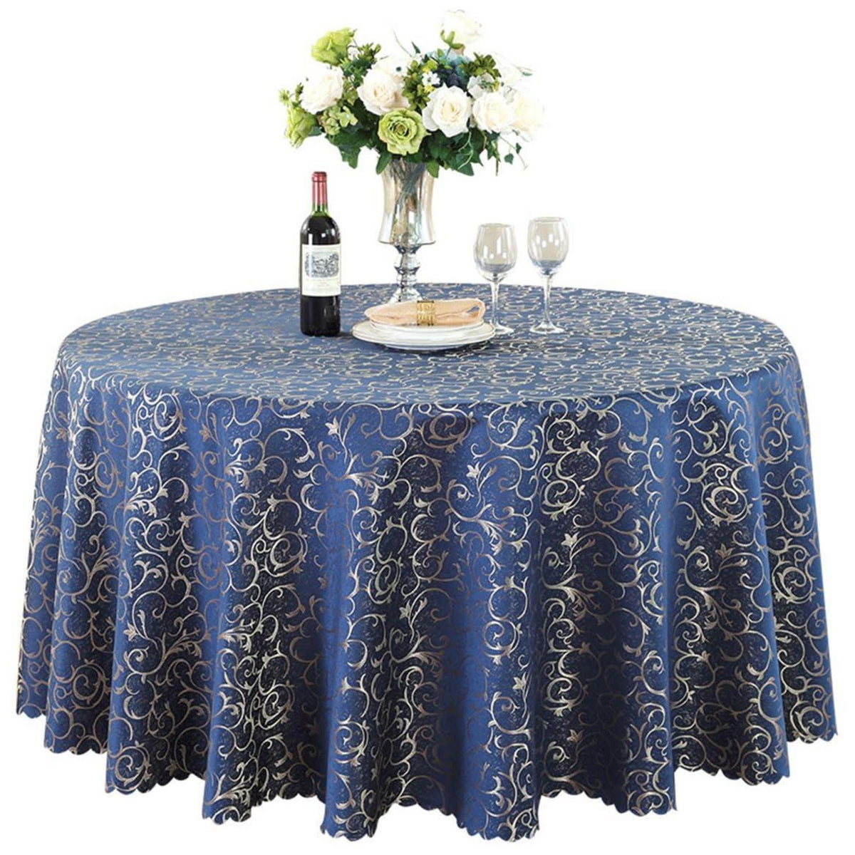 Runde Jacquard Tischdecke Marineblau 360 cm – Elegant & Pflegeleicht