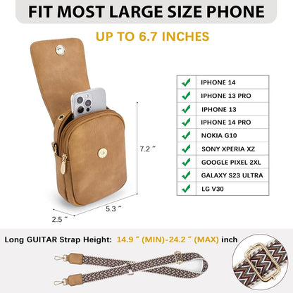 Umhängetasche Damen Leder Handytasche mit Geldbörse & Gitarrengurt