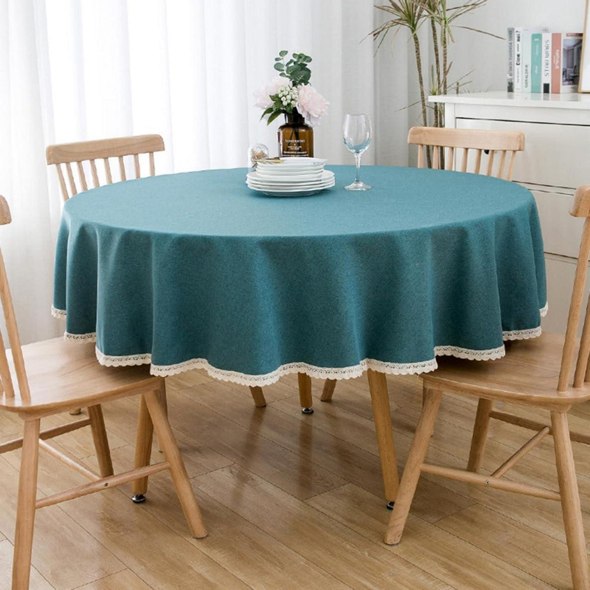 Runde Baumwollleinen Tischdecke 240 cm – Pfauenblau
