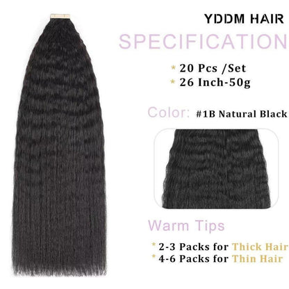 Echthaar Tape Extensions Schwarz Kinky Straight 26 Zoll