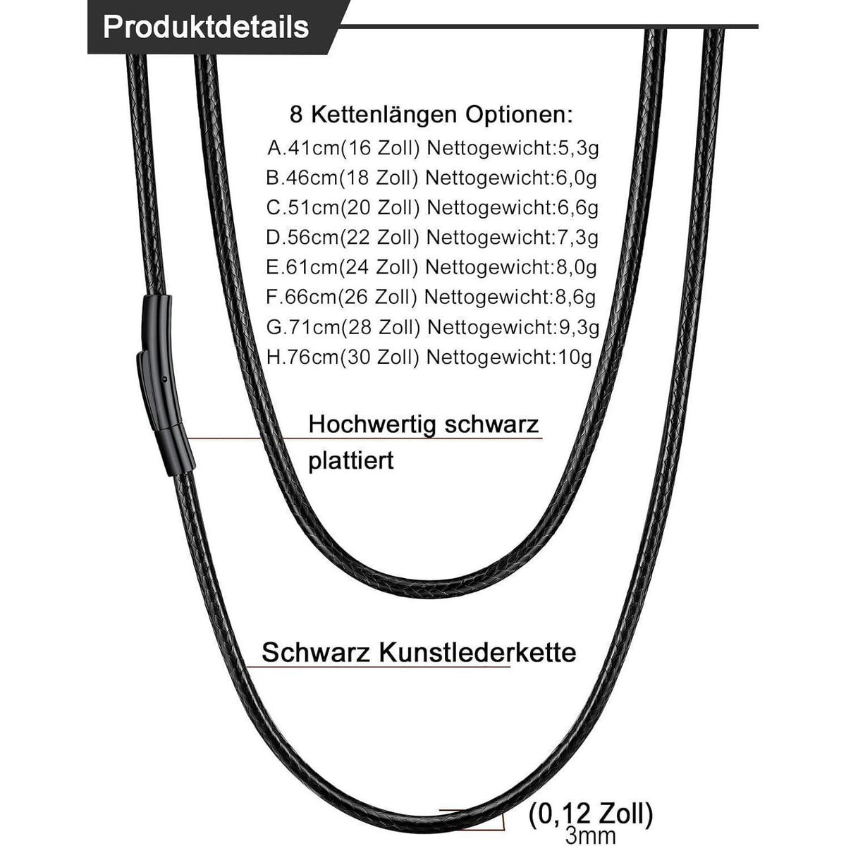 Geflochtene Wachskette mit Edelstahlverschluss 3mm 41cm Schwarz