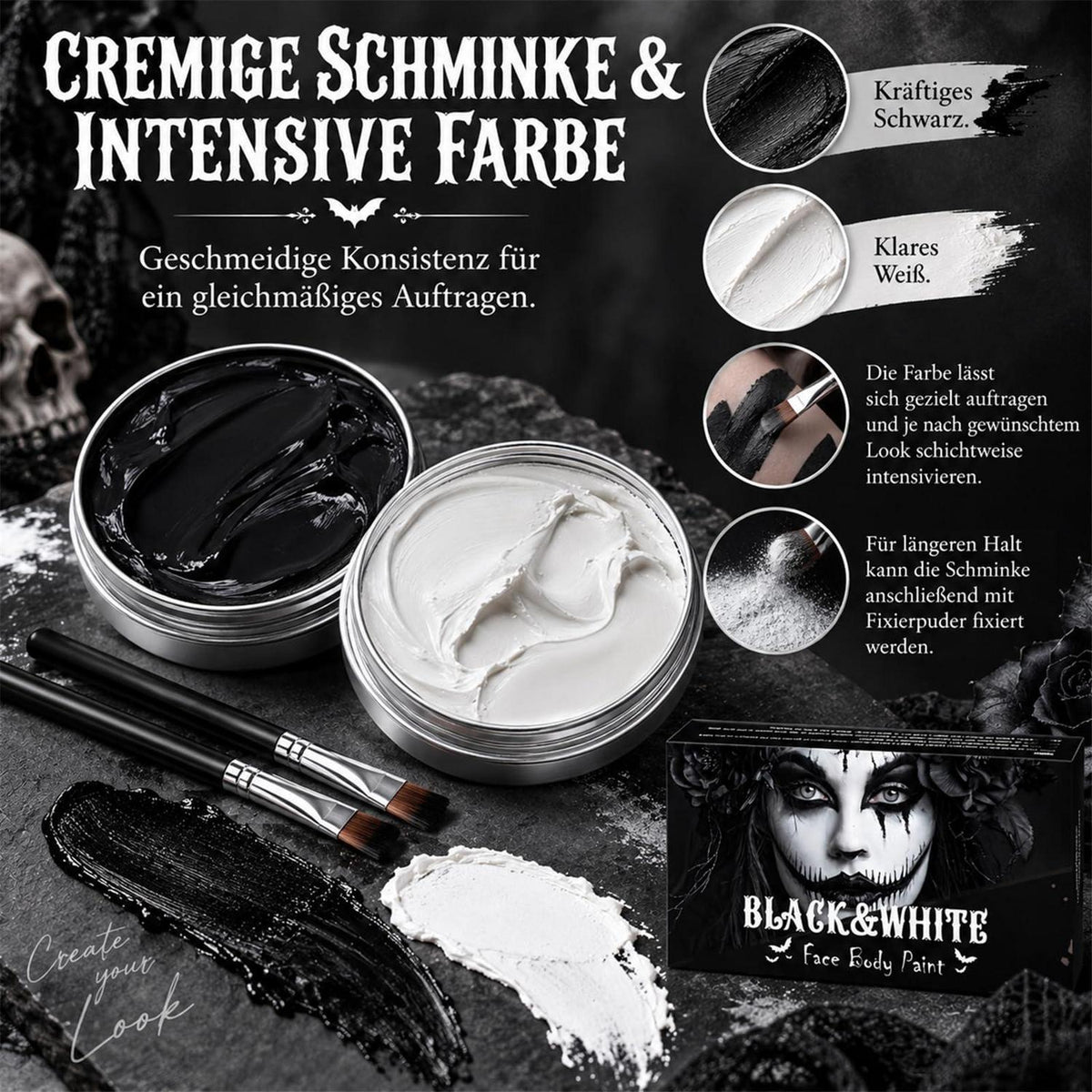 Halloween Schminke Set Schwarz Weiß für Gesicht und Körper
