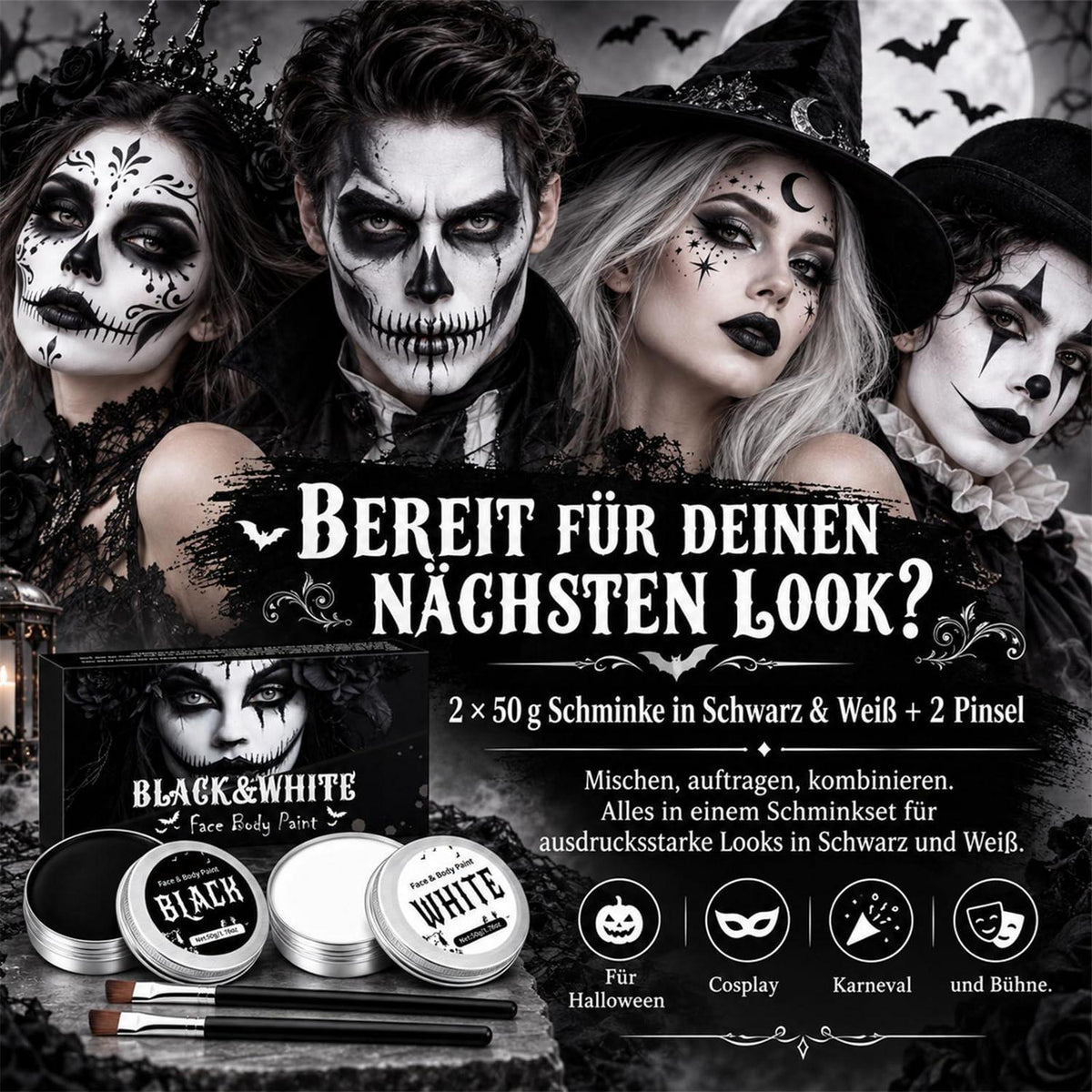 Halloween Schminke Set Schwarz Weiß für Gesicht und Körper