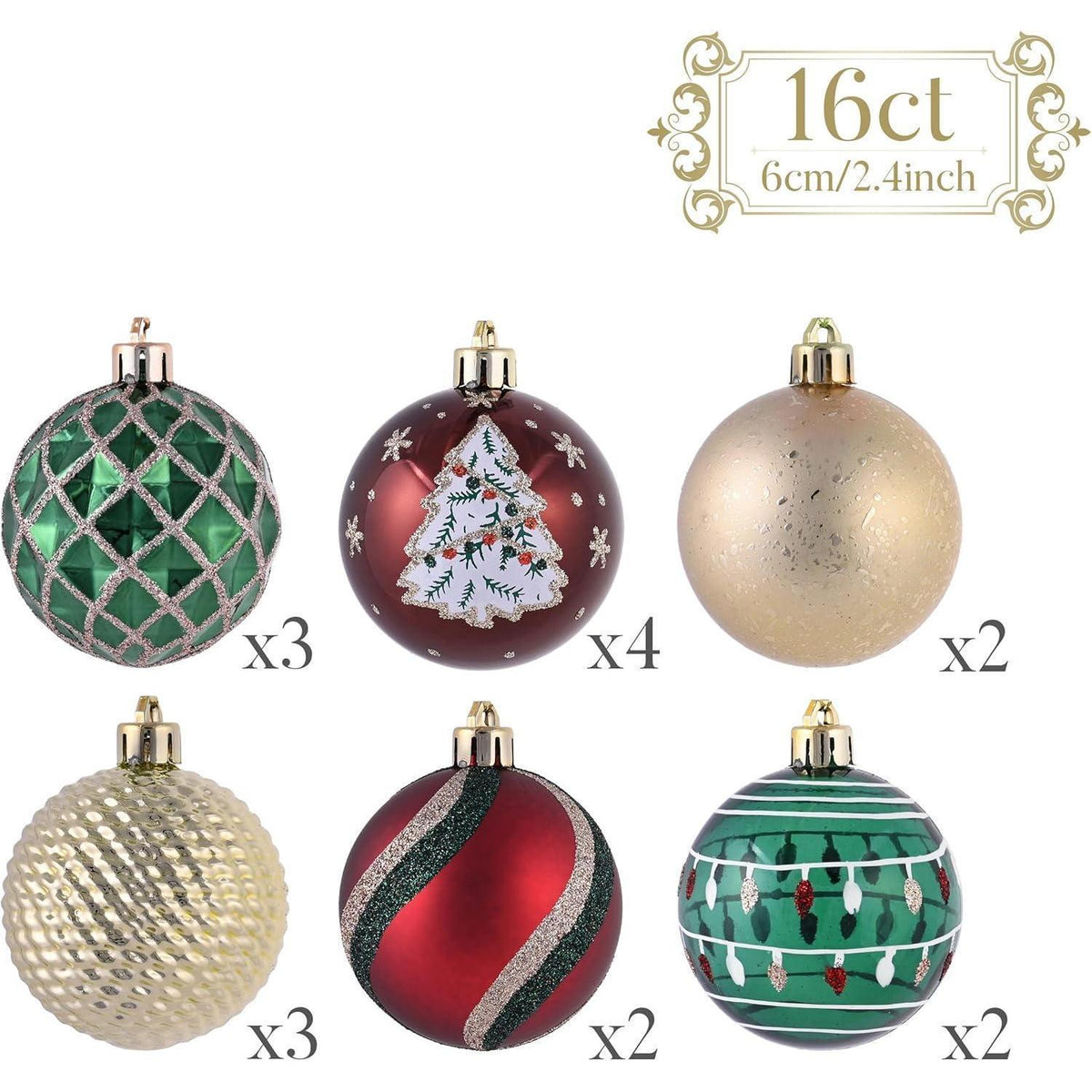 Weihnachtskugeln 16er Set 6cm Rot Grün Gold Bruchfest mit Aufhänger