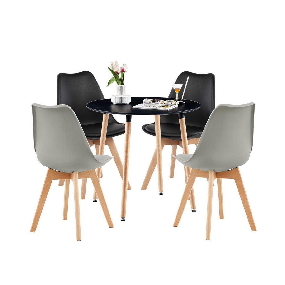 Skandinavisches Essgruppen-Set: 80cm Holztisch & 4 Stühle Schwarz/Grau
