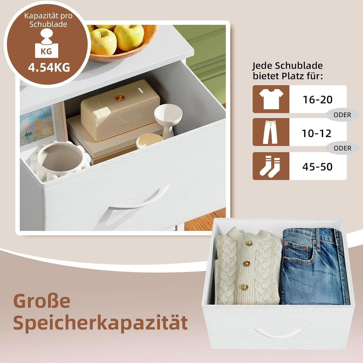 Somdot Kommode mit 4 Stoffschubladen, Weiß 30x42x93 cm