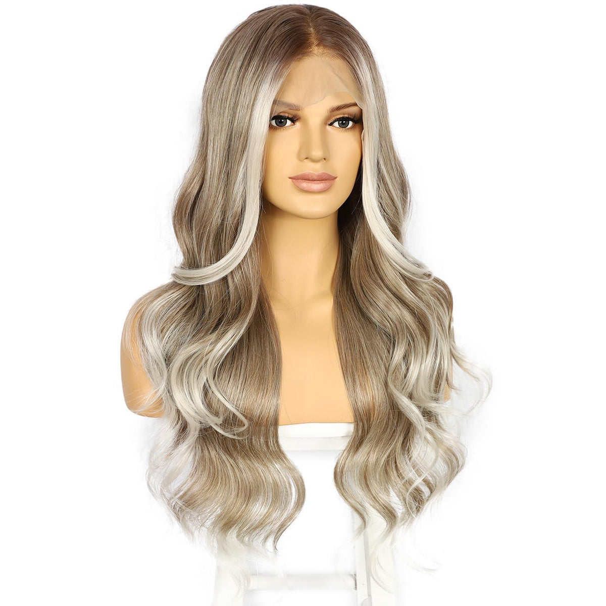 Synthetische Körperwelle Perücke Graubraun Balayage 26 Zoll